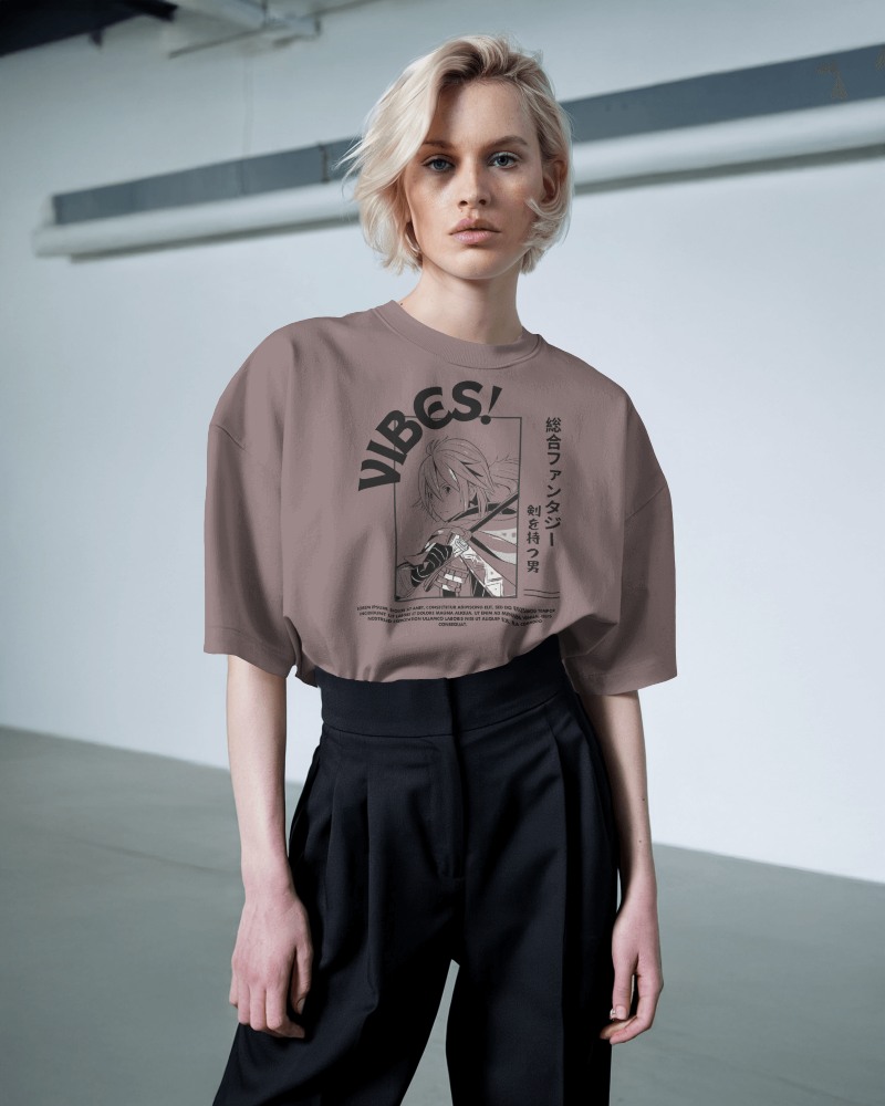 Cool Vibes Brown Tshirt Mockup Female Model Graphic Tee Street Fashion