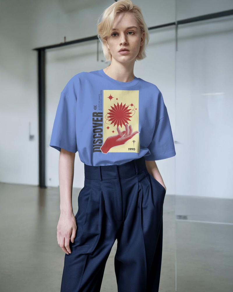 Modern Retro Blue Tshirt Mockup Female Model Bright Graphic Casual Wear