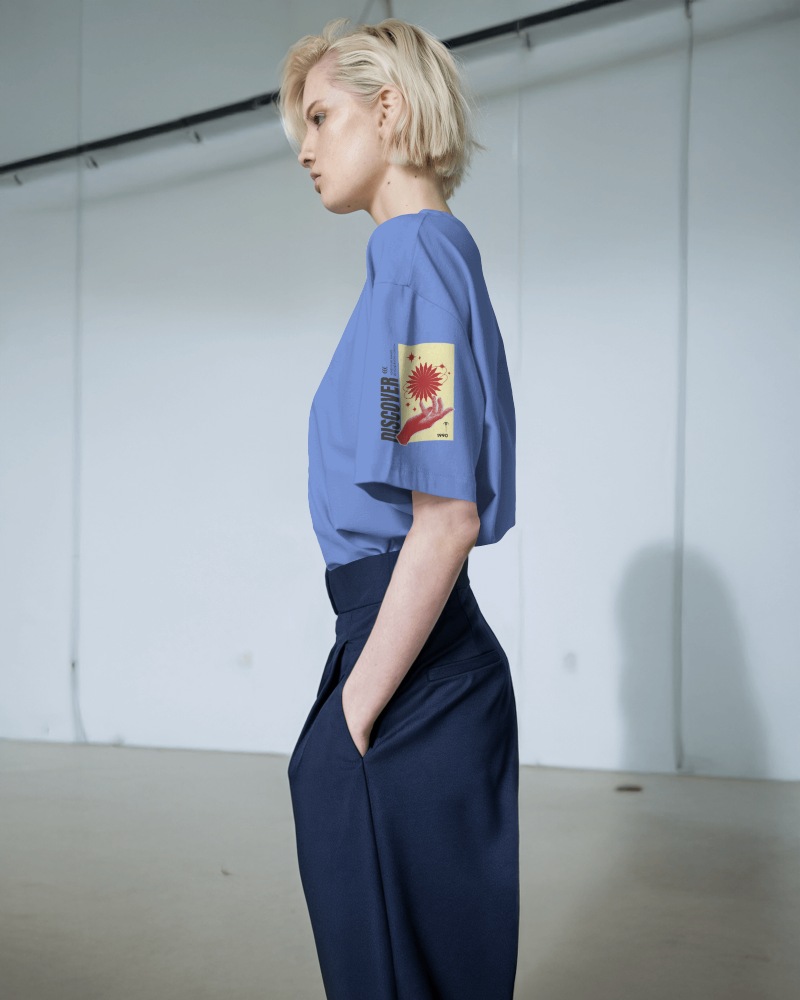Stylish Side View Female Model Blue Tshirt Mockup Discover 1990s Sleeve Graphic