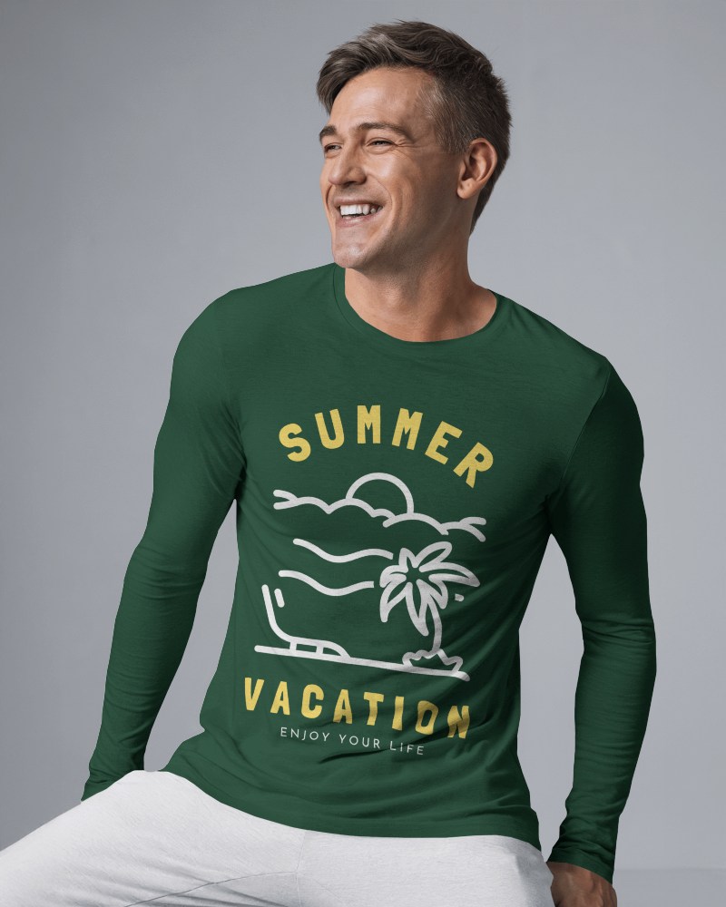 Modern Studio Blank Round Neck Long Sleeve T Shirt Mockup Man In Light Gray Tee Smiling Casual Pose Clean Background 0828