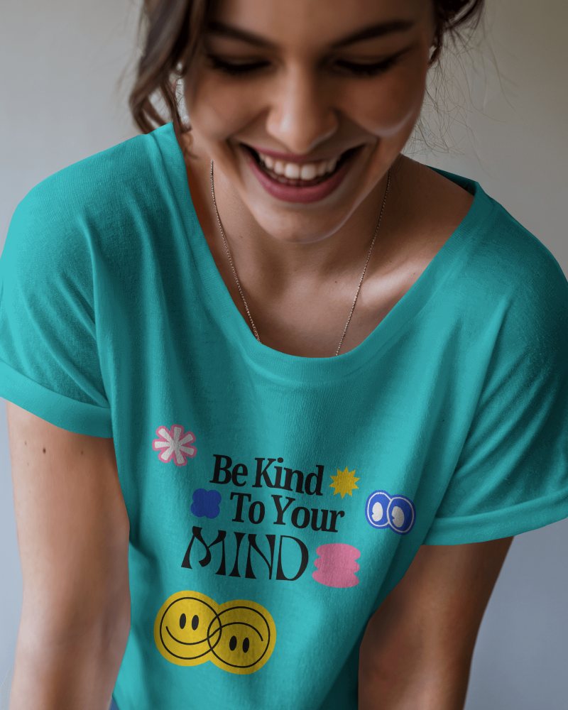 Happy Studio Blank Round Neck T Shirt Mockup Woman In White Rolled Sleeve Tee Laughing Close Up Natural Light 0830