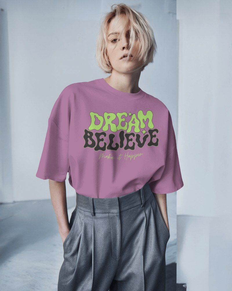 Inspirational Pink Tshirt Mockup Female Model Dream Believe Graphical Casual