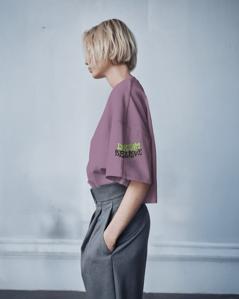 Fashionable Purple Tshirt Mockup Female Model Dream Believe Graphic Side View