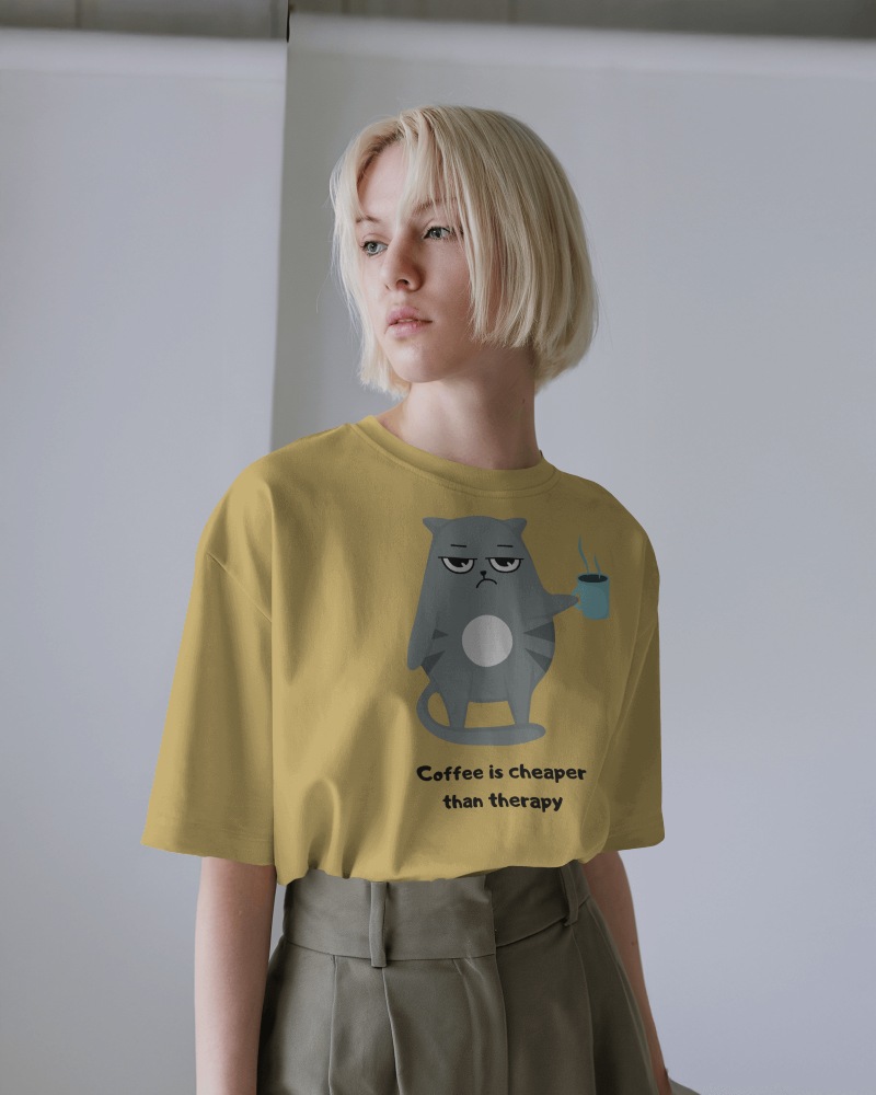 Eye Catching Therapy Joke Yellow Tshirt Mockup Female Model Coffee Lover