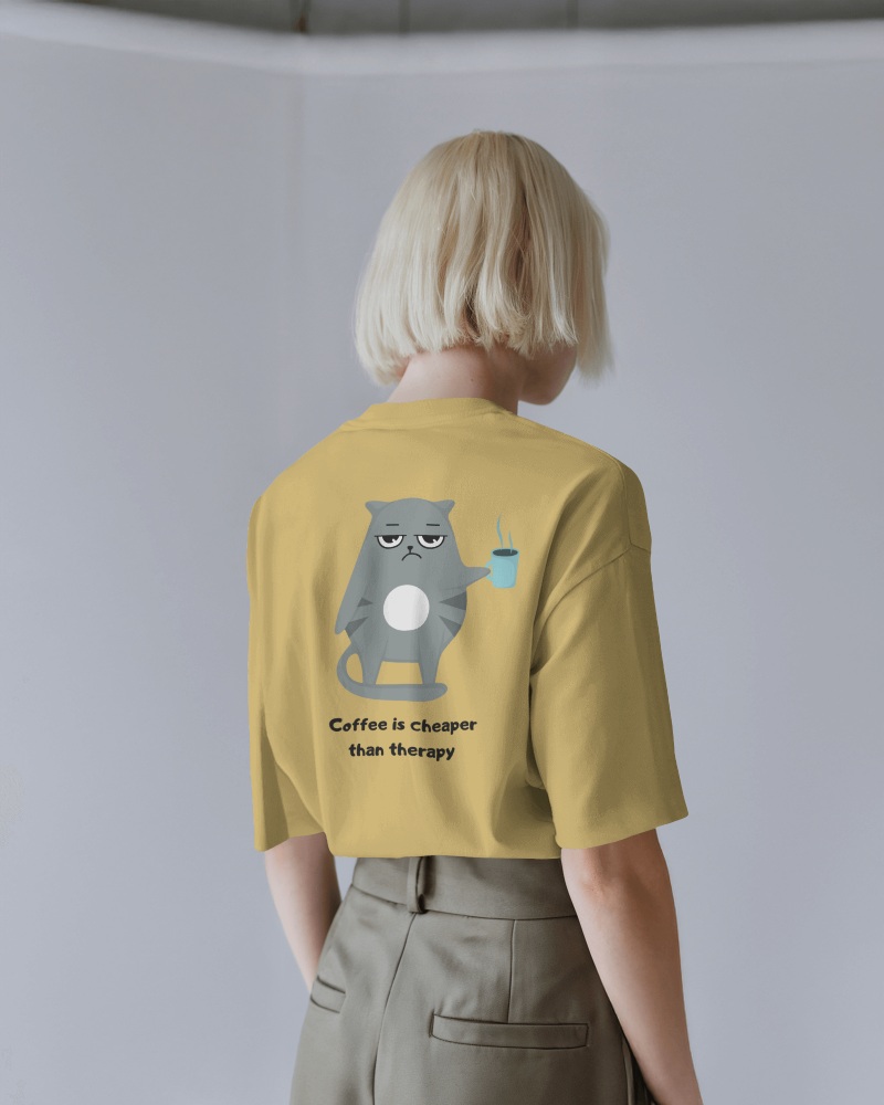 Mustard Yellow Casual Tshirt Mockup Female Model Coffee Therapy Humorous Slogan