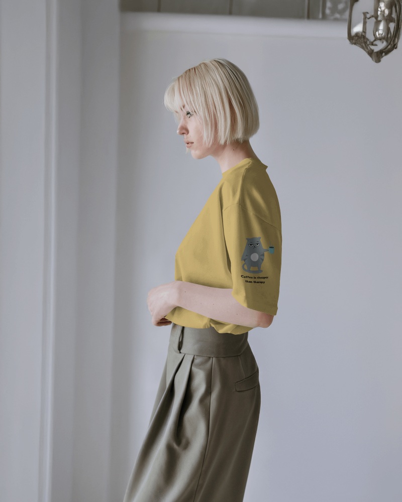 Chic Coffee Joke Yellow Tshirt Mockup Female Model Therapy Replacement Humor
