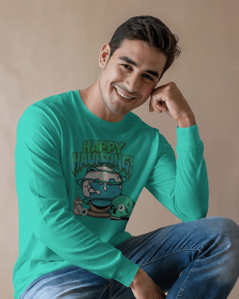 Warm Natural Men’s Round Neck Long Sleeve Mockup Smiling Male Model In Relaxed Pose Soft Neutral Background Casual And Inviting Aesthetic 0839