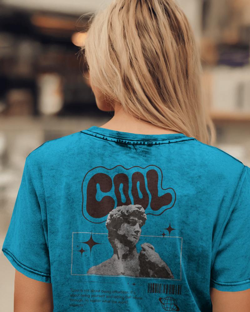 Vintage Acid Wash T Shirt Mockup Women In Distressed Textured Tee Casual Back View Cozy Urban Coffee Shop Ambience 0843