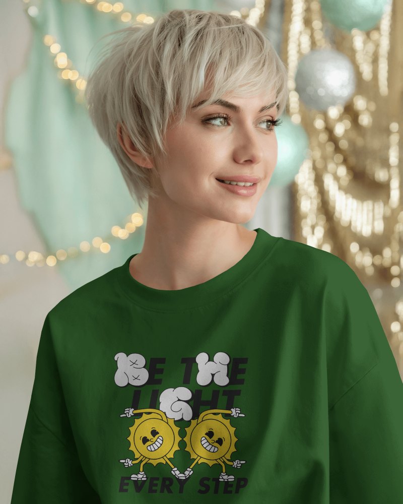 Festive Cozy T Shirt Mockup Women In Relaxed Tee With Short Platinum Hair Soft Bokeh Lights And Holiday Decor Warm And Cheerful Aesthetic 0846