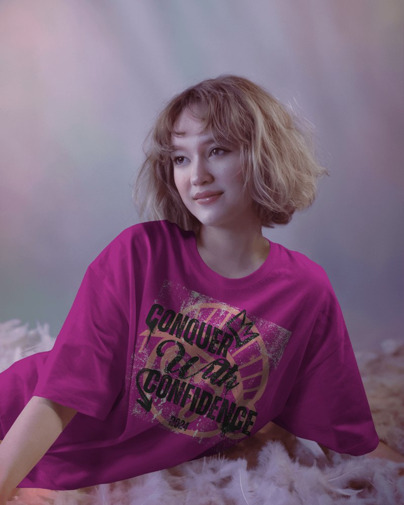 Blank White Oversized Round Neck T Shirt Mockup Women Soft Dreamy Lighting Relaxing Pose Pastel Background Serene And Minimalist Look 0847