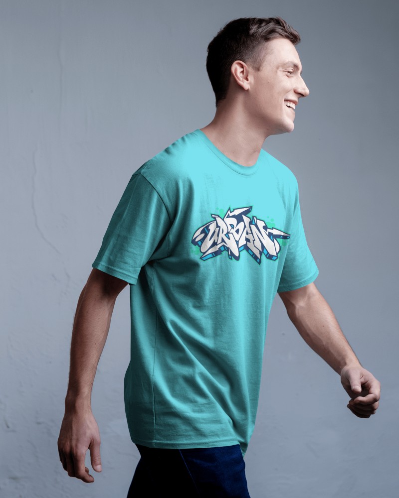 Blank White Round Neck T Shirt Mockup Man Walking Side View Casual Fit Natural Lighting Minimalist Background Modern And Relaxed Look 0849