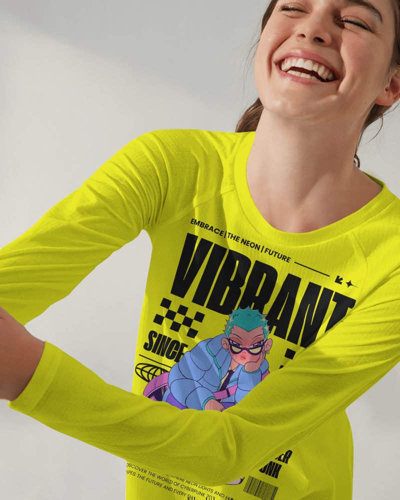 Blank White Long Sleeve T Shirt Mockup Woman Smiling Playful Pose Natural Lighting Minimalist Background Modern And Fresh Look 0850