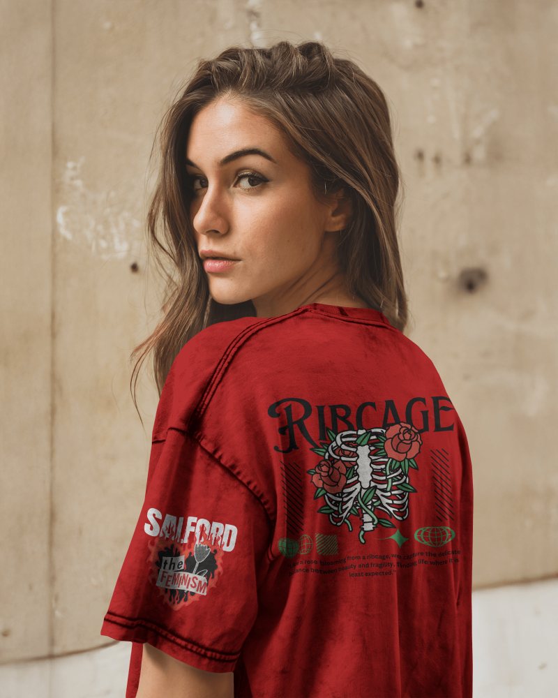 White Acid Wash Back T Shirt Mockup Woman Looking Over Shoulder Urban Background Short Sleeve Casual Streetwear Style Modern And Trendy Look 0852