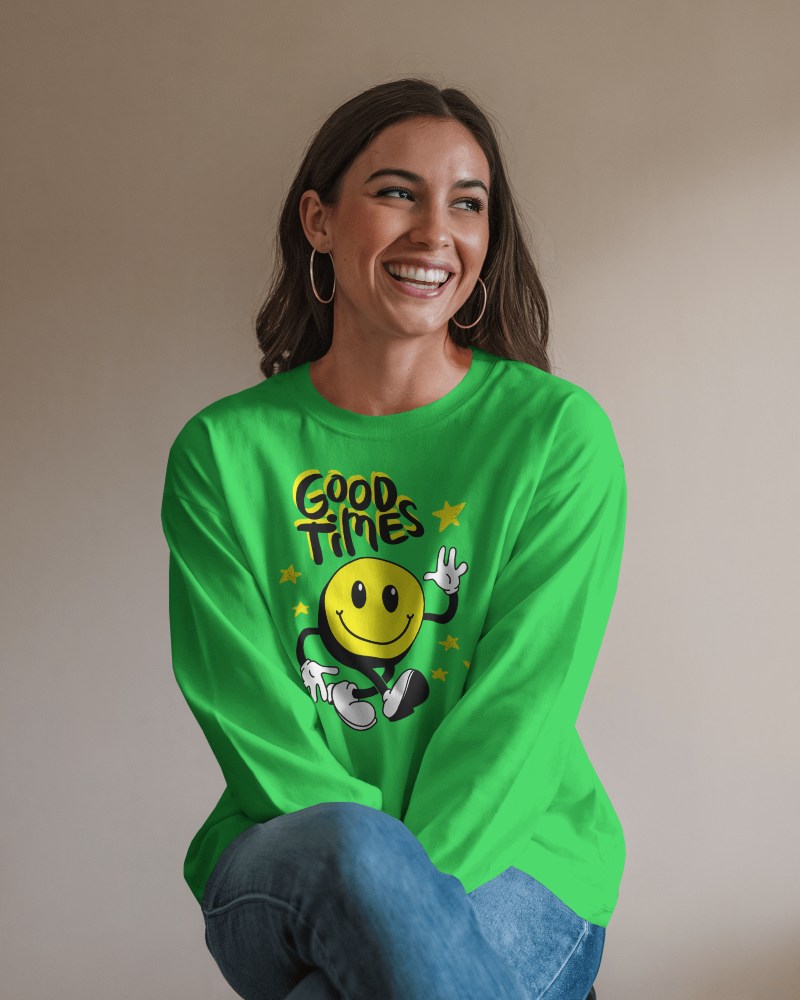 Smiling Female Model Long Sleeve T Shirt Mockup Relaxed Pose Soft Natural Lighting Cozy And Casual Ambience 0853
