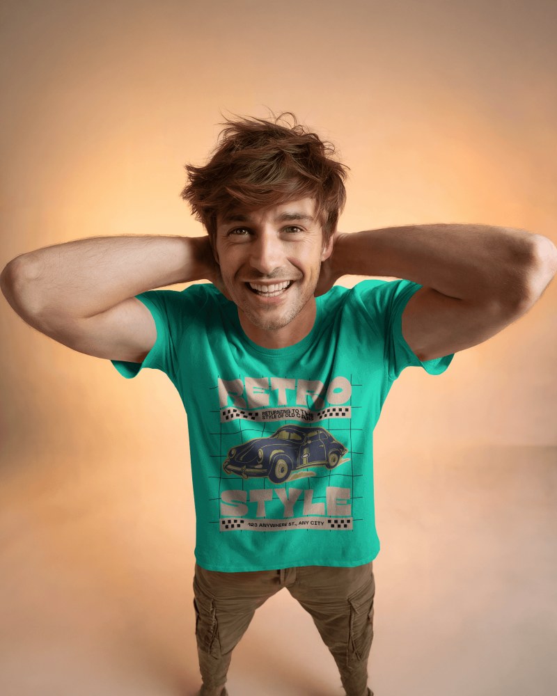 Happy Male Model T Shirt Mockup Hands Behind Head Dynamic Pose Warm Studio Lighting Energetic And Playful Ambience 0856