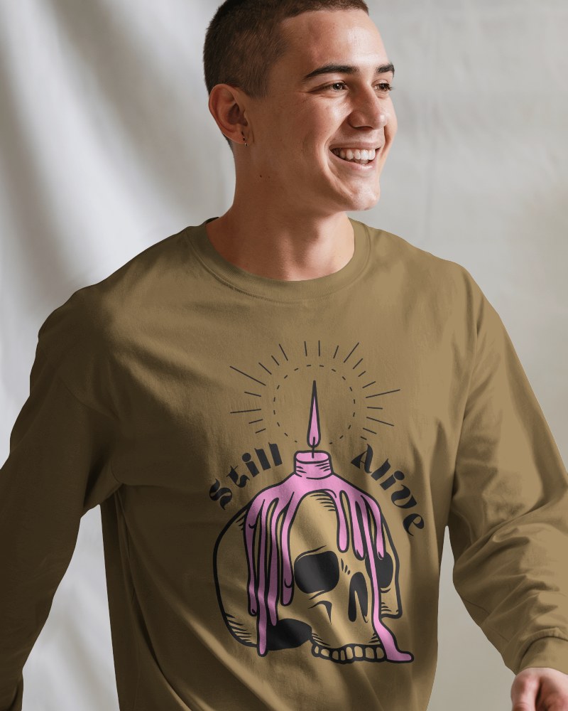 Bright Studio Long Sleeve T Shirt Mockup Smiling Male Model In Natural Soft Lighting Casual And Fresh Look 0861