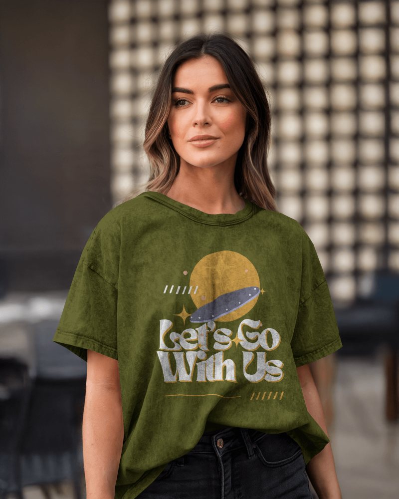Urban Casual Acid Wash T Shirt Mockup Female Model In Modern Outdoor Setting Relaxed And Trendy Aesthetic 0867