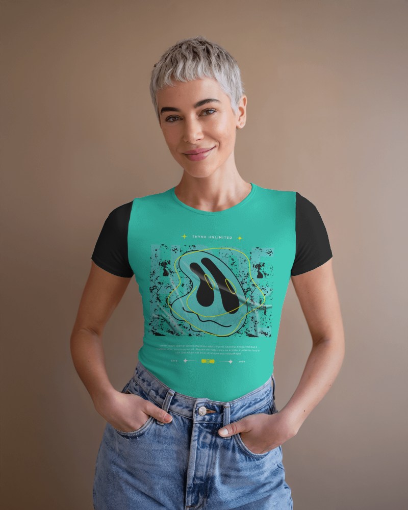 Fitted T Shirt Mockup Confident Female Model With Short Platinum Hair In Casual Modern Setting Minimalist And Stylish Aesthetic 0869