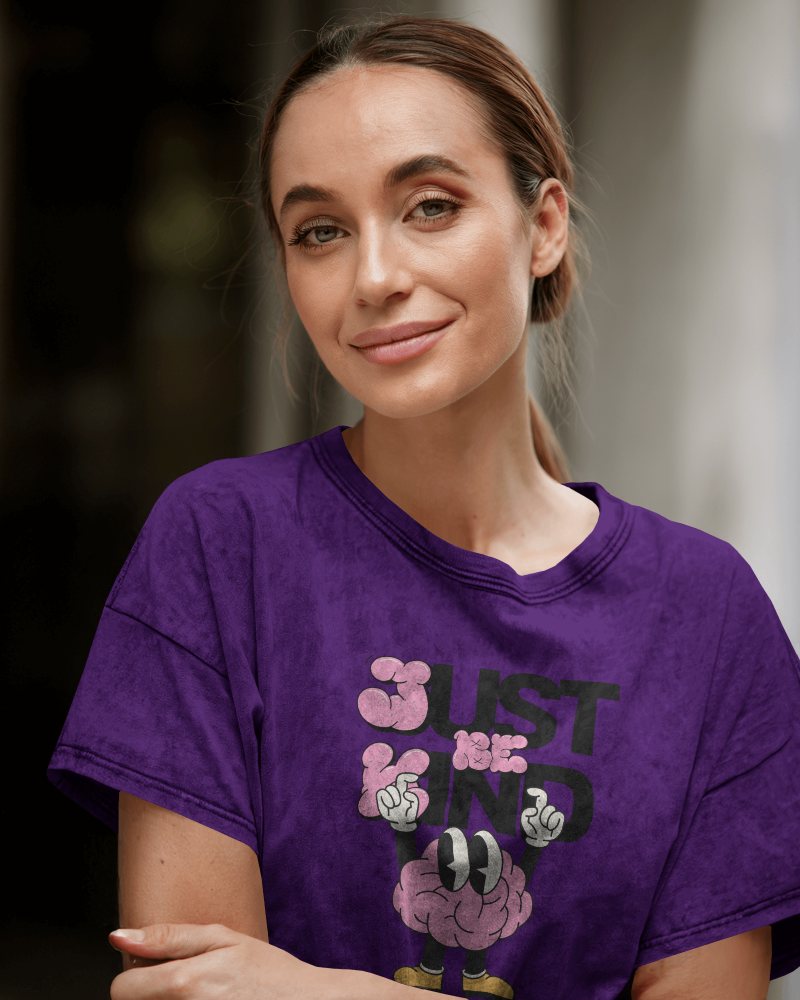 White Acid Wash T Shirt Mockup Smiling Female Model In Natural Lighting Relaxed And Casual Urban Setting 0871
