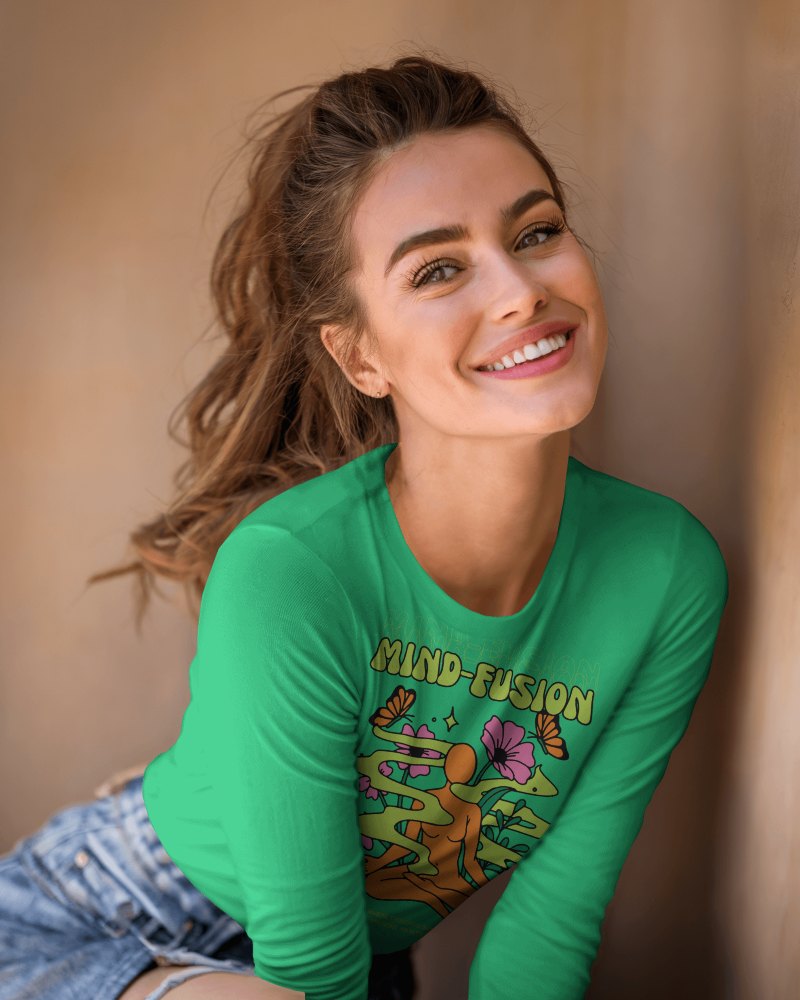 Sunlit Casual Long Sleeve Mockup Smiling Female Model Leaning Against Wall Wearing White Top And Denim Shorts Soft Natural Light With Warm Tones And Relaxed Vibe 0881