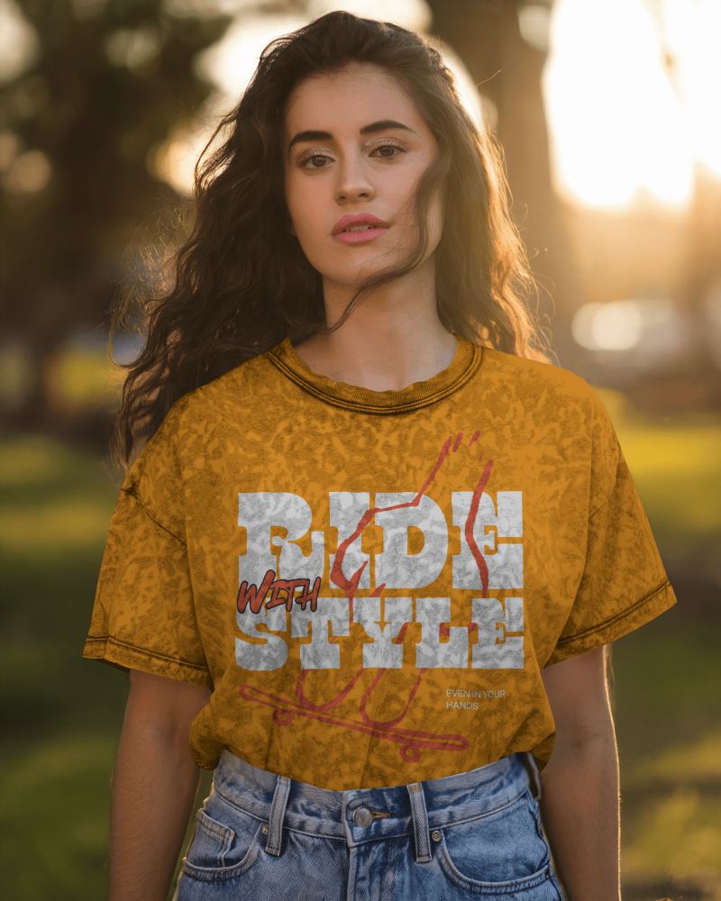Sunset Park T Shirt Mockup Confident Female Model In Acid Wash Tee And High Waisted Denim Soft Golden Hour Lighting With Nature Background Relaxed And Edgy Style 0882