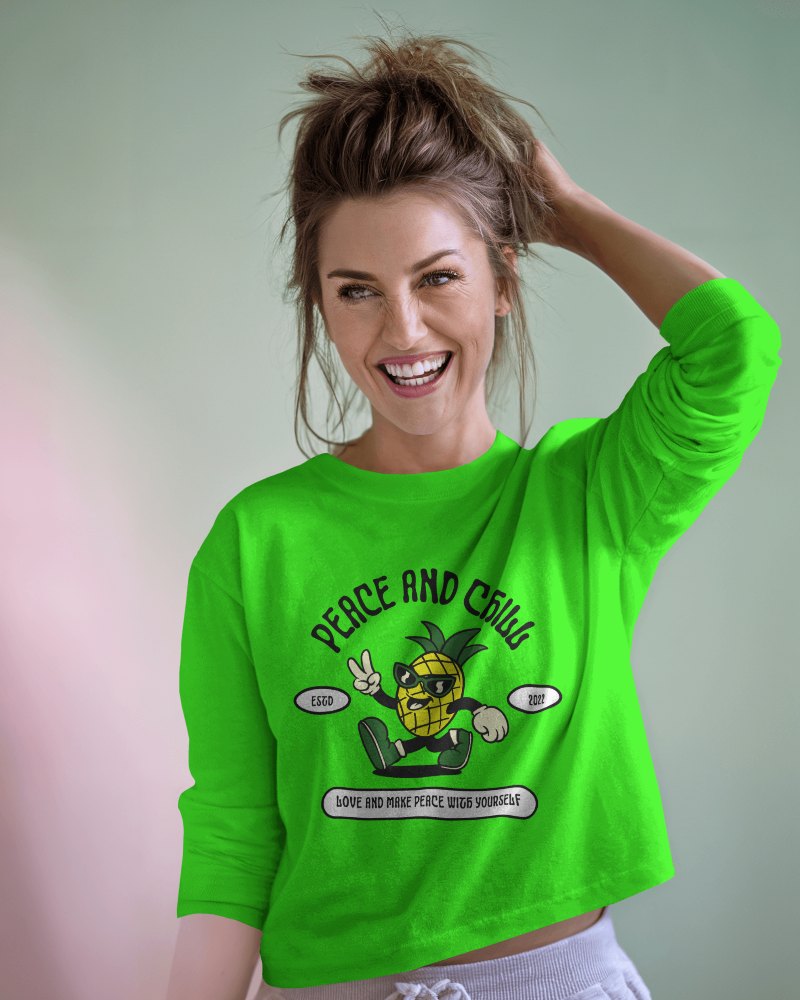 Pastel Backdrop Long Sleeve Mockup Cheerful Female Model In Cropped White T Shirt With Rolled Sleeves Relaxed Fit And Playful Casual Energy Soft Lighting 0883