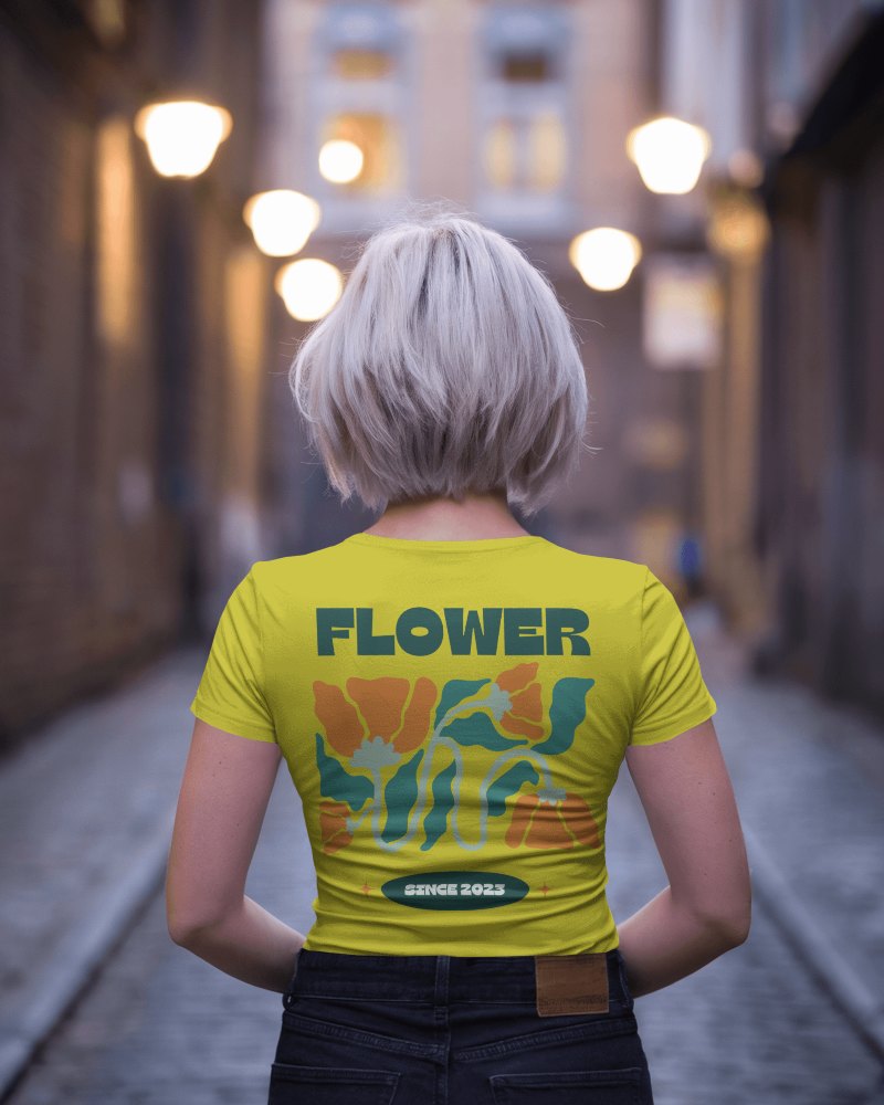 Urban Evening Back View Blank White Tshirt Mockup Short Haired Female In Fitted Tee On Cobblestone Street Soft Glow City Lights Minimal And Modern Vibe 0885