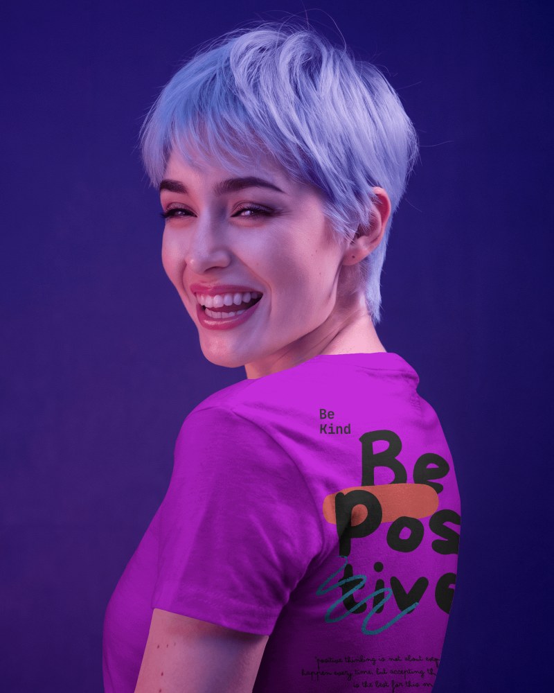 Purple Studio Back View Blank White Tshirt Mockup Smiling Short Haired Female Model With Colorful Lighting Playful And Modern Aesthetic 0896
