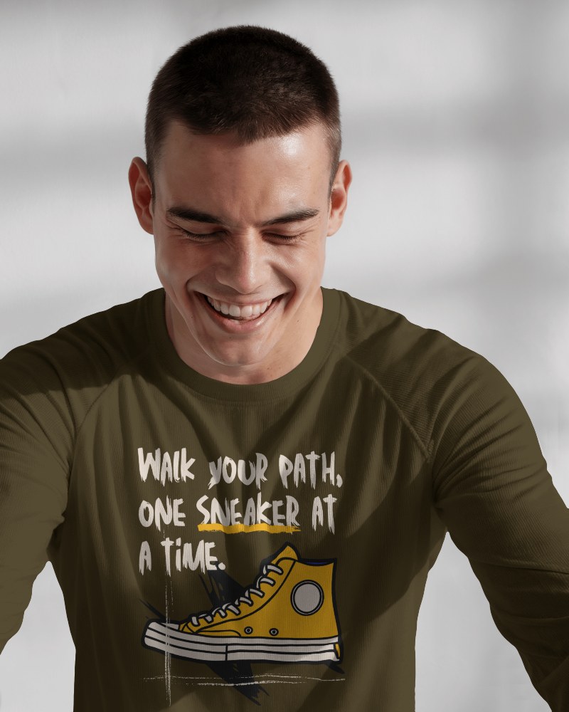 Sunlit Long Sleeve T Shirt Mockup Male Model Smiling In Natural Light White Background Clean And Happy Vibe With Texture Detail 0901