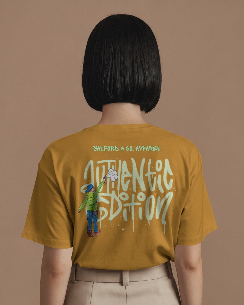 Back View T Shirt Mockup With Female Model On Neutral Brown Background 0905