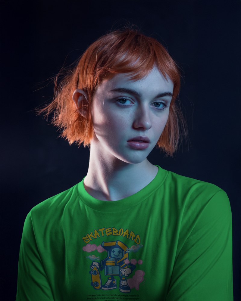 Moody Tshirt Mockup Female Model With Red Hair In Dramatic Lighting Against Dark Background Artistic And Editorial Vibe 0912