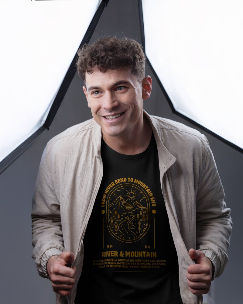 Studio Lit T Shirt Mockup Male Model Smiling And Holding Jacket Open Showcasing Design Under Softbox Lighting Clean And Professional Look 0914
