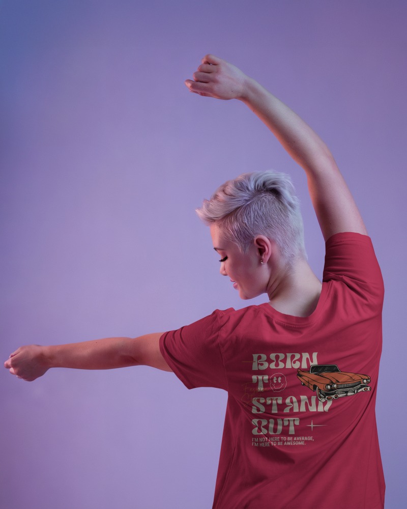 Pastel Gradient Backview T Shirt Mockup Female Model Stretching With Arms Up Showcasing Rear Design Soft Purple Lighting Modern And Dynamic Vibe 0918