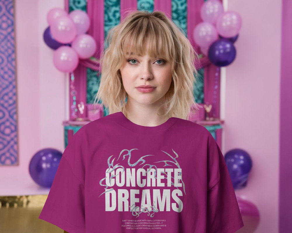Playful Party Tshirt Mockup Female Model In Front Of Colorful Balloons And Decor Pink Purple Aesthetic Fun And Youthful Vibe 0920