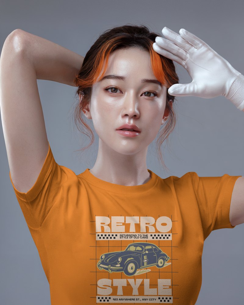 Editorial Closeup Tshirt Mockup Female Model With Gloved Hand And Orange Highlighted Hair On Grey Backdrop High Fashion Minimal Studio Look 0923