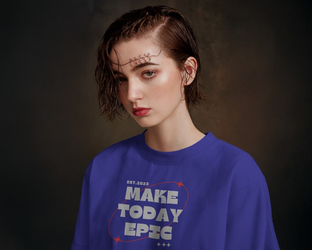 Avant Garde Studio Tshirt Mockup Female Model With Wet Hair And Brow Jewelry Against Dark Gradient Backdrop High Fashion Artistic Vibe 0925