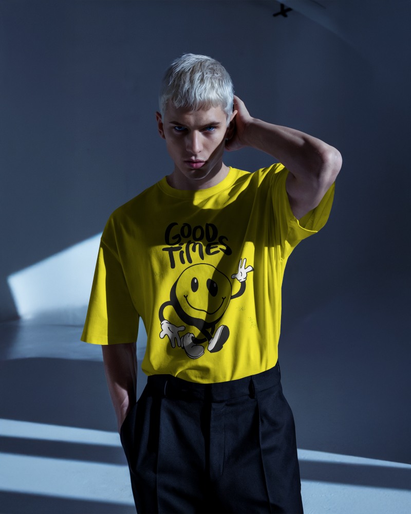 High Contrast Shadow Tshirt Mockup Male Model With Platinum Blonde Hair In Moody Lighting Contemporary Fashion Editorial Style 0928