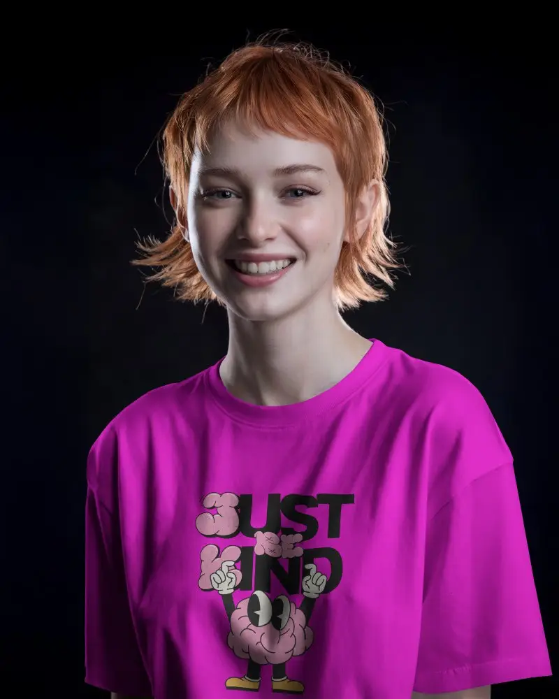 Oversized White Tee Mockup On Female Model Smiling In Dark Studio Soft Lighting 0938