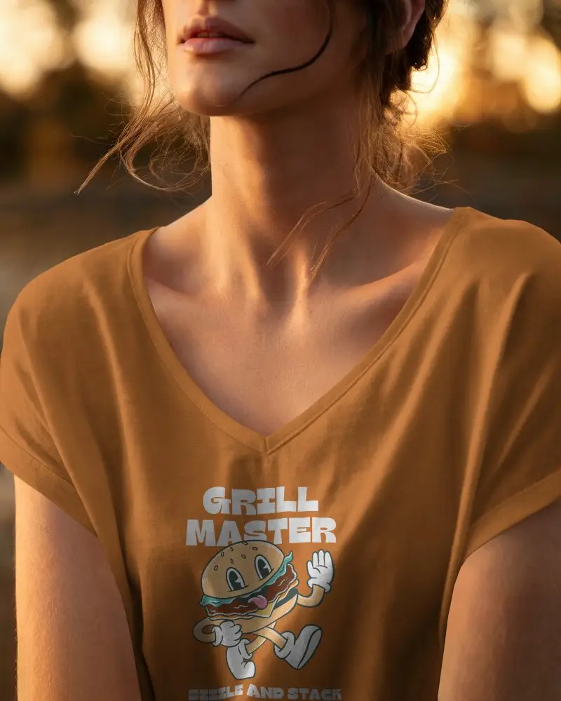 Sunset Lit V Neck White Tshirt Mockup On Woman Relaxed Pose Warm Natural Ambience