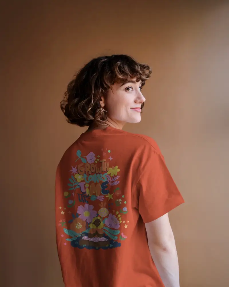 Backview White Tshirt Mockup On Smiling Female Model Soft Brown Studio Background