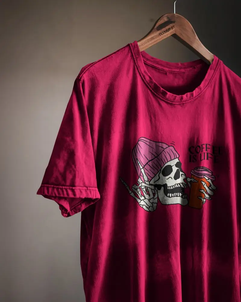 Blank Acid Close Up Washed Unisex White Tshirt Mockup Hanging On Wooden Hanger Industrial Studio Aesthetic