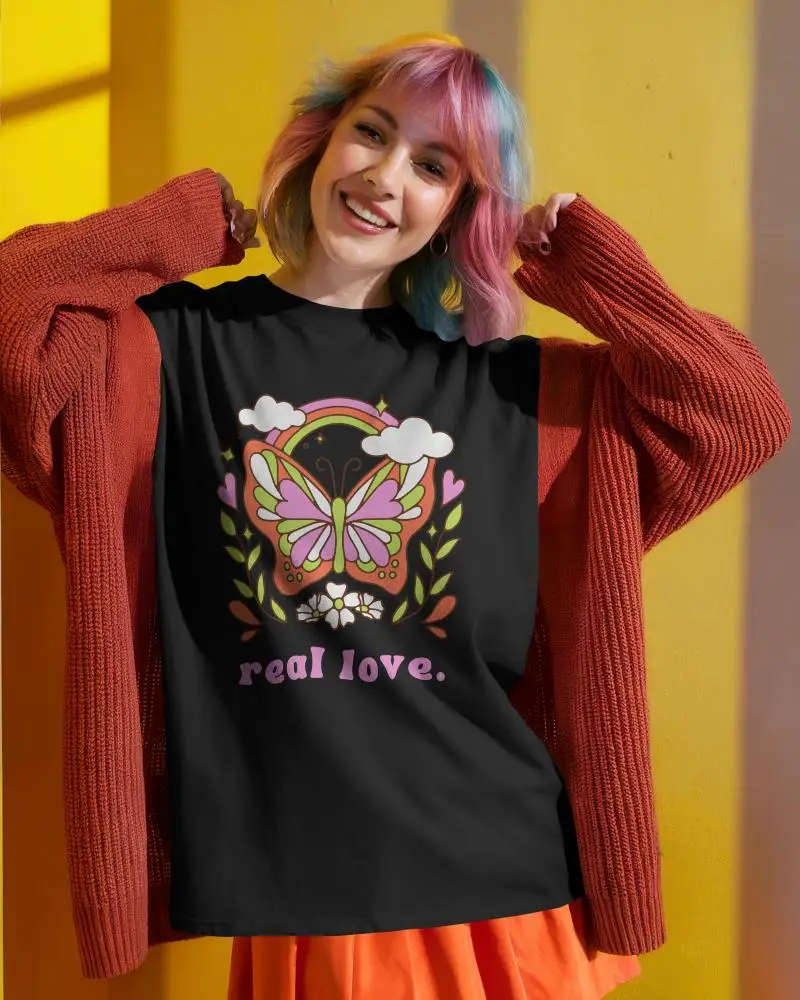 Sunlight Lit White Round Neck Tshirt Mockup Woman With Vibrant Hair Red Cardigan Orange Skirt