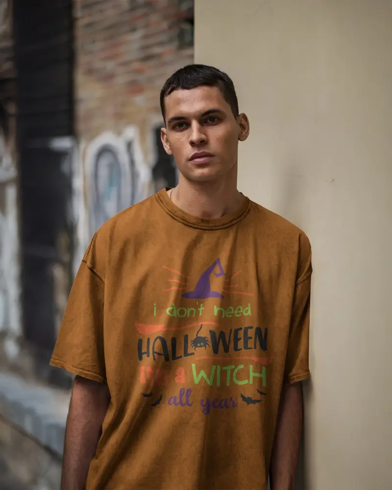 Streetwear Vibe Oversized Acid Wash White Tshirt Mockup On Man Leaning Against Wall