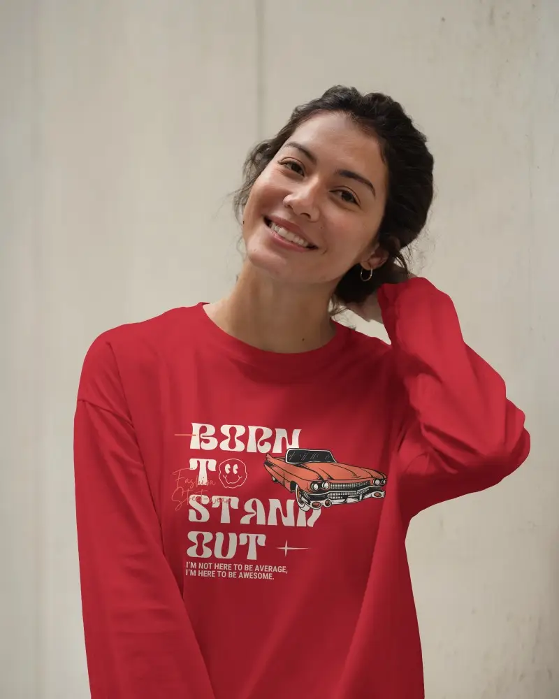 Minimal Outdoor Long Sleeve Tshirt Mockup Female Model Smiling With Hand In Hair Against Light Textured Wall Soft Natural Light And Clean Look