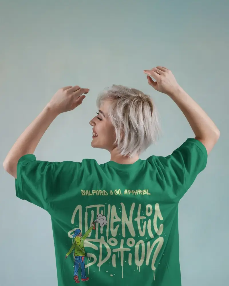 Playful Studio Backview Tshirt Mockup Female Model With Short Blonde Hair Hands Up In Motion Against Gradient Pastel Backdrop Lighthearted And Modern Style