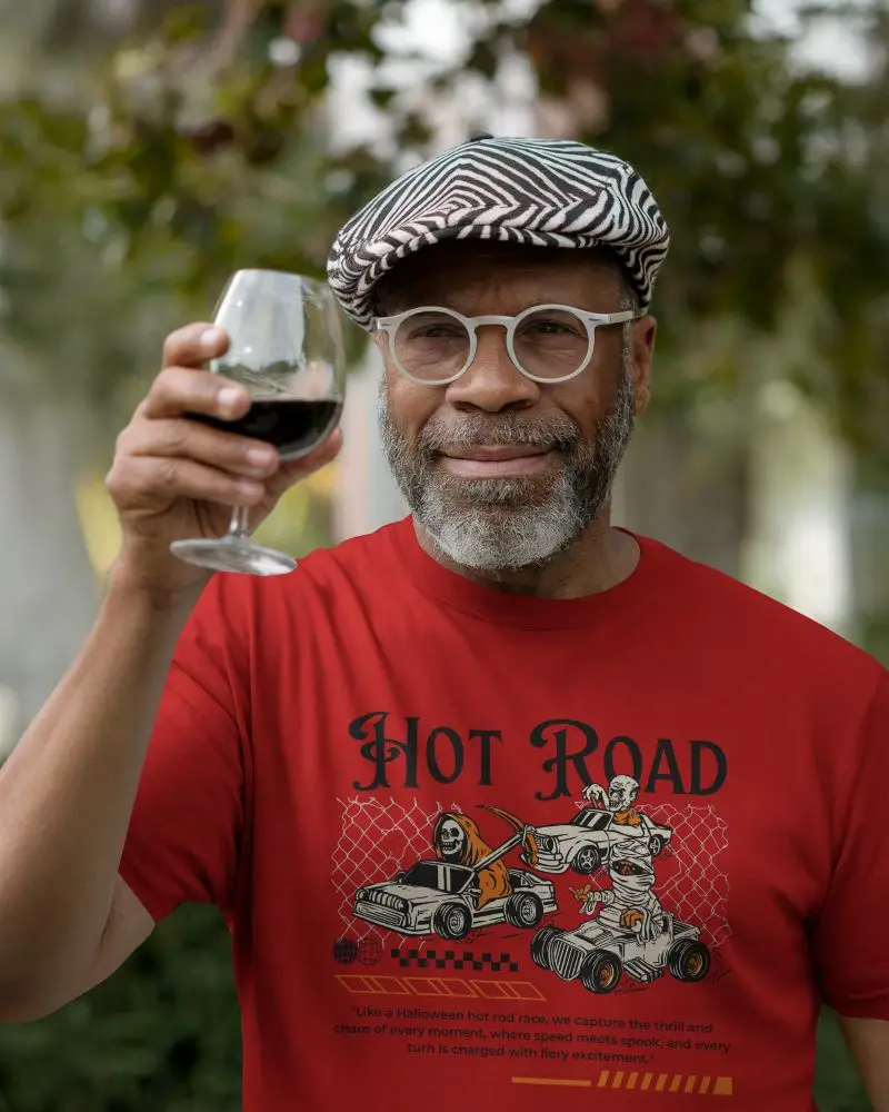 Lifestyle Mens Tshirt Mockup Older Gentleman In Striped Flat Cap Outdoor Bokeh Background Warm And Joyful Tone