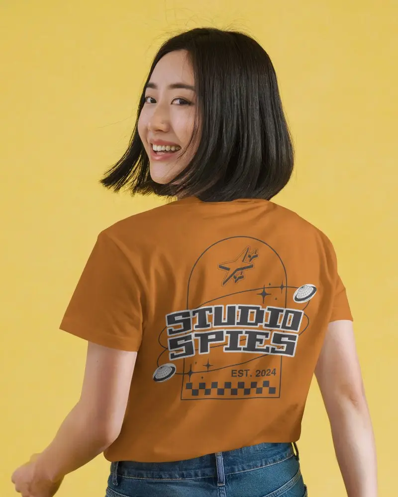 Back View Tshirt Mockup Smiling Female Model Turning Around Bright Yellow Background Fun And Playful Energy 0957