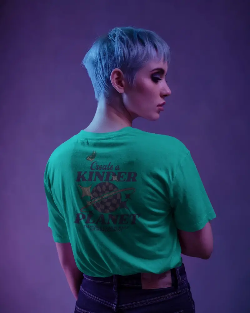Back View Streetwear T Shirt Mockup Short Haired Female Model In Purple Studio Lighting Modern And Edgy Aesthetic