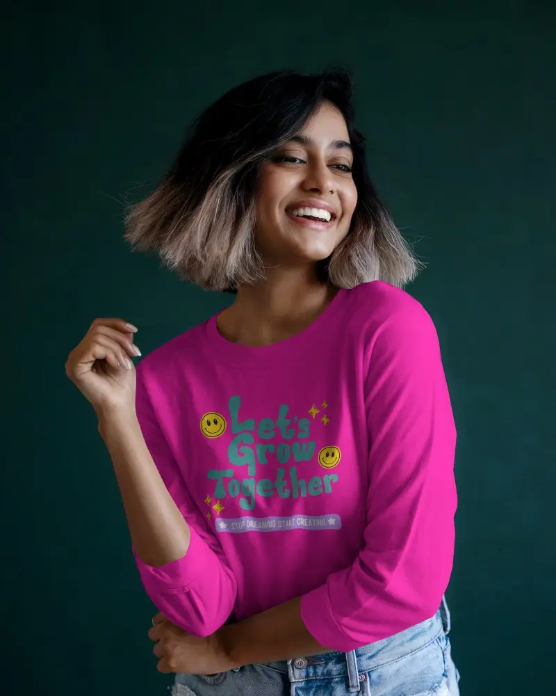 Natural Light Long Sleeve Tshirt Mockup Smiling Female Model With Casual Hairstyle Dark Green Backdrop Bright And Cheerful Mood 0961
