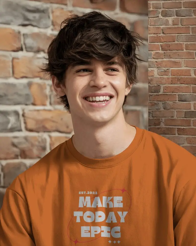 Blank Close Up White Round Neck Oversized Tshirt Mockup Male Model Smiling Against Brick Wall